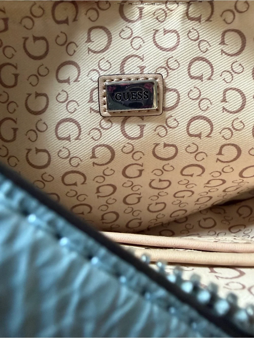 GUESS Metallic Light Silver Shoulder Bag with Stud Accents